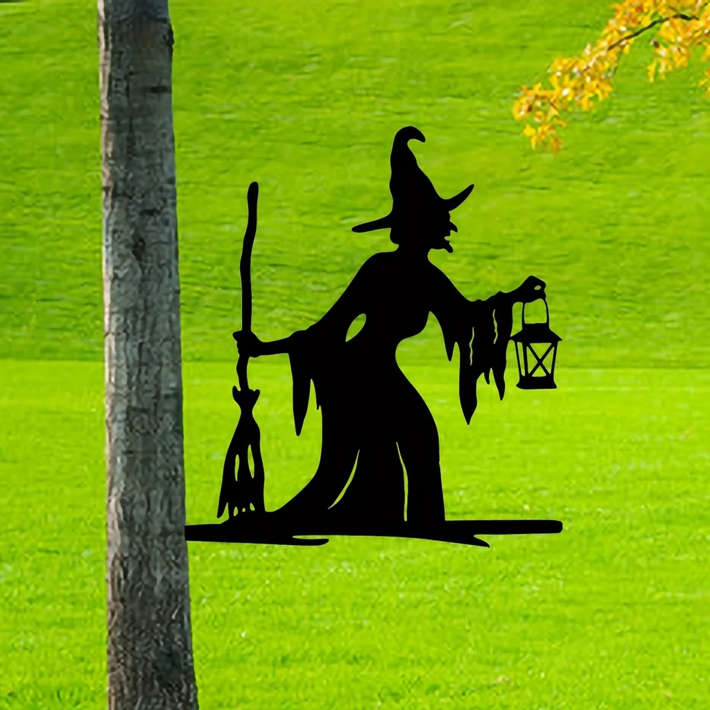 Outdoor Power Stake - 1pc Witch Lantern On Branch Steel